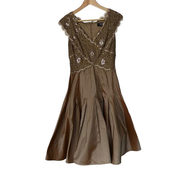 Tadashi Collection Beaded Fit Flare Shimmer Taffeta Nude Beige Cocktail Dress 6 - Picture 3 of 12